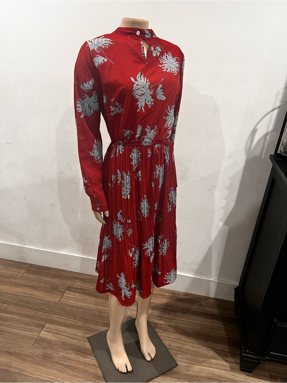 Button-Neck Red Floral Midi Dress
